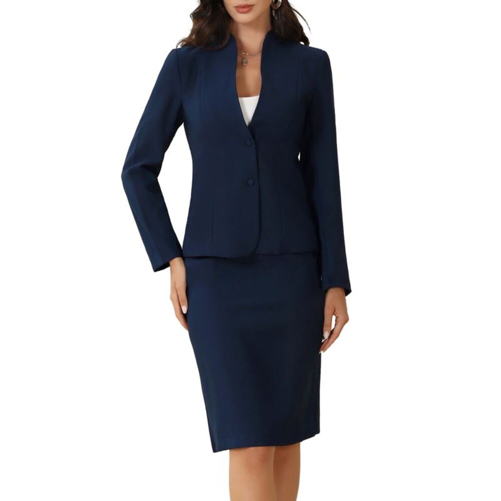 2pcs Business Sets for Collarless Blazer Pencil Skirt Suit Dark Blue
